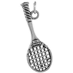 Sterling Silver Tennis Racket Necklace Antiqued Finish 1 3/8 inch, 16-30 inch 0.8mm Box Chain