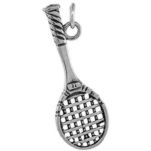 Sterling Silver Tennis Racket Necklace Antiqued Finish 1 3/8 inch, 16-30 inch 0.8mm Box Chain