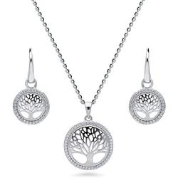 BERRICLE Rhodium Plated Sterling Silver Cubic Zirconia CZ Family Tree Fashion Necklace and Earrings Set