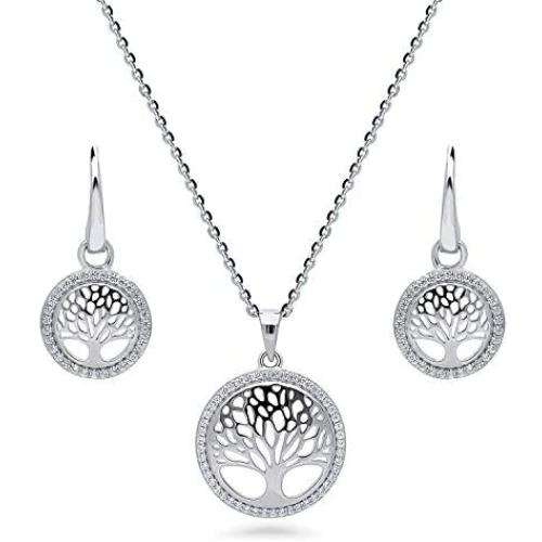 BERRICLE Rhodium Plated Sterling Silver Cubic Zirconia CZ Family Tree Fashion Necklace and Earrings Set