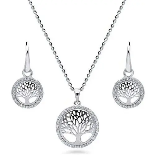 BERRICLE Rhodium Plated Sterling Silver Cubic Zirconia CZ Family Tree Fashion Necklace and Earrings Set