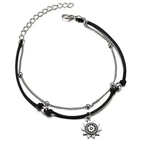 JUESJ Vintage Double Layers Anklets for Women Sun Sunflower Elephant Ancient Silver Alloy Pendant Rope Chain Beach Summer Foot Ankle Jewelry (Sunlight) JUESJ Vintage Double Layers Anklets for Women Sun Sunflower Elephant Ancient Silver Alloy Pendant Rope Chain Beach Summer Foot Ankle Jewelry (Sunlight)