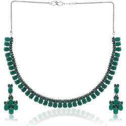 Efulgenz Boho Vintage Antique Ethnic Gypsy Indian Oxidized Silver Crystal Cubic Zirconia Bridal Necklace Earrings Jewelry Set