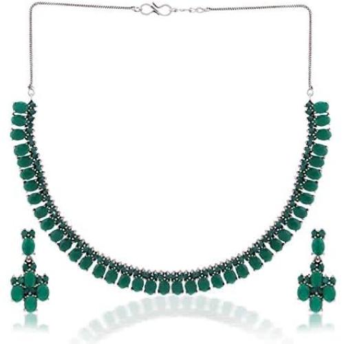 Efulgenz Boho Vintage Antique Ethnic Gypsy Indian Oxidized Silver Crystal Cubic Zirconia Bridal Necklace Earrings Jewelry Set