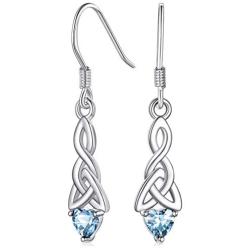 FaithHeart Vintage Sterling Silver Celtic Knot Drop Earrings with Heart Birthstone Charms for Women Hypoallergenic Dangling Earring Birthday Jewelry