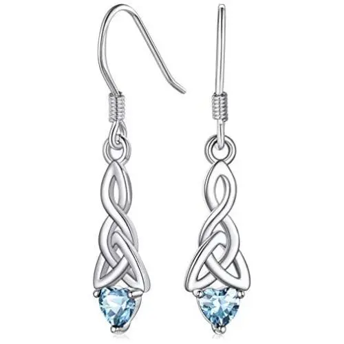 FaithHeart Vintage Sterling Silver Celtic Knot Drop Earrings with Heart Birthstone Charms for Women Hypoallergenic Dangling Earring Birthday Jewelry