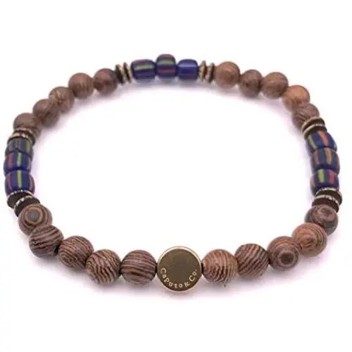Mens Recycled Glass & Senna Siamea Wood Stretch Bead Bracelet Handcrafted in USA Mens Recycled Glass & Senna Siamea Wood Stretch Bead Bracelet Handcrafted in USA