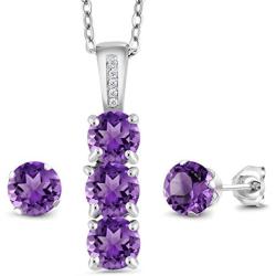 Gem Stone King 925 Sterling Silver Purple Amethyst and White Diamond Pendant Earrings Set For Women 2.29 Ctw with 18 Inch Silver Chain