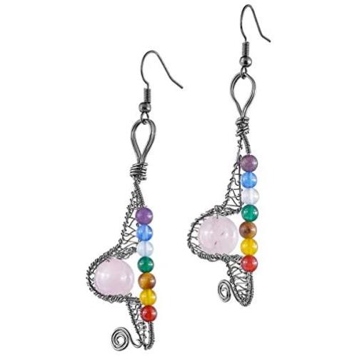 Nupuyai 7 Chakra Stone Bead Earrings for Women, Reiki Healing Crystal Dangle Hook Earrings Wire Wrapped Jewelry
