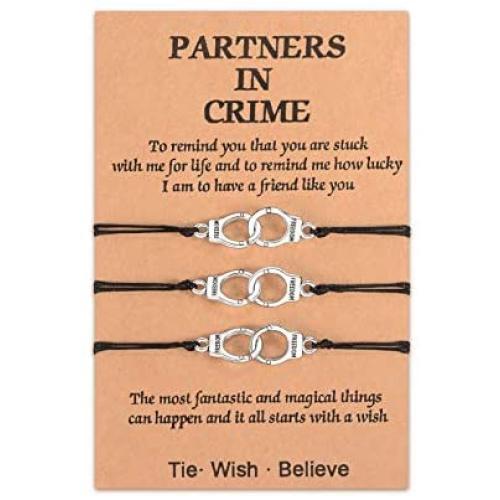 SUNSH Handcuff Bracelets for Women Men Teen Girl Couples BFF Best Friends Charm Matching Adjustable Strings Jewelry Partners in Crime with Wish Card Boyfriend Girlfriend Husband Wife Friendship Gifts