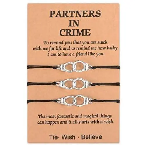 SUNSH Handcuff Bracelets for Women Men Teen Girl Couples BFF Best Friends Charm Matching Adjustable Strings Jewelry Partners in Crime with Wish Card Boyfriend Girlfriend Husband Wife Friendship Gifts