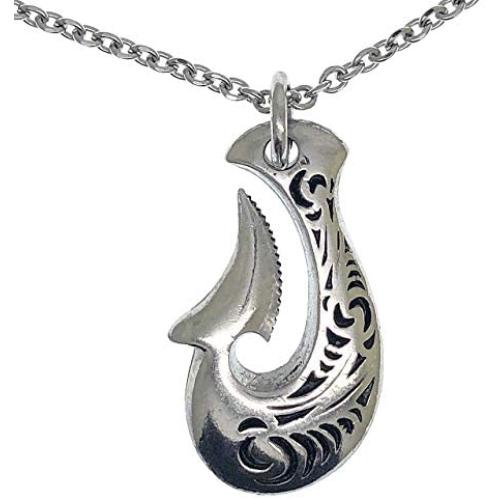 Fish hook Hawaiian Maori Polyneian Hei matau Silver Pewter Mens Pendant Necklace Wealth Prosperity Charm Protection Amulet Safe Travel Safe at sea Talisman for unisex men w Stainless Steel Chain