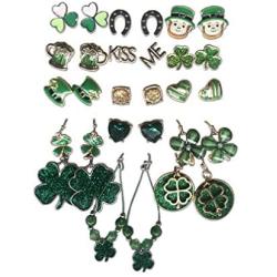 St. Patricks Day 15 PC Costume Jewelry Earrings Set Green Sparkly Fish Hook Stud Dangle