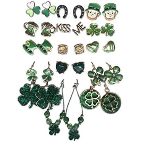 St. Patricks Day 15 PC Costume Jewelry Earrings Set Green Sparkly Fish Hook Stud Dangle