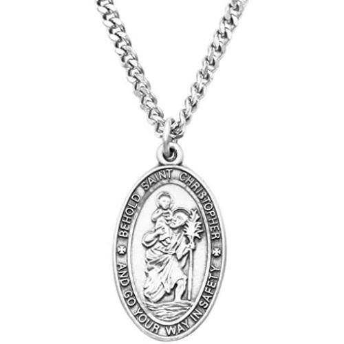 Rosemarie Collections Pewter Religious Saint Medal Oval Pendant Necklace, 24''