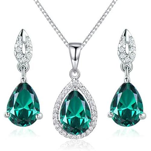 JIANGXIN Waterdrop Birthstone 925 Sterling Silver White Gold Plated Fine Jewelry Set for Women Pendant Necklace Stud Earring