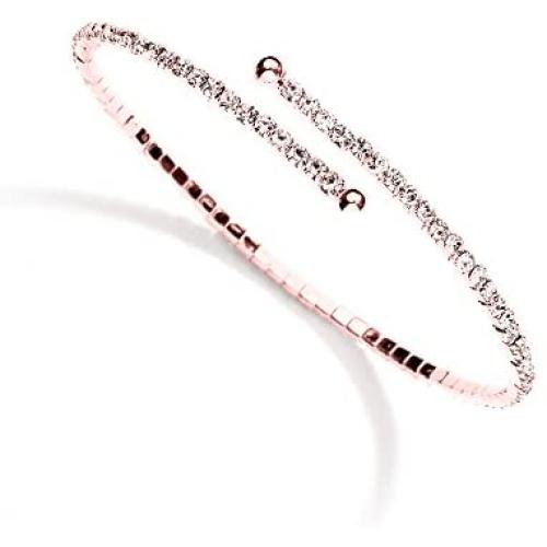 Mariell Rose Gold Crystal Rhinestone Cuff 1-Row Bangle Bracelet for Bridal, Wedding, Prom, Bridesmaids
