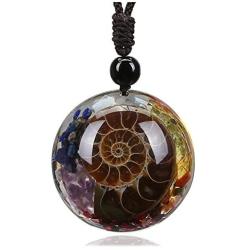 MANIFO Ammonite Fossil Pendant Necklace 7 Chakra Healing Crystal Stone Spiral Necklace for Men Women