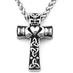 Warvik Irish Claddagh Celtic Knot Cross Pendant Necklace Good Luck Love Heart, Stainless Steel Jewelry Mens Womens Wheat Chain 20/28inch