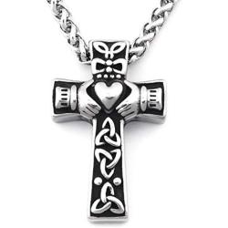 Warvik Irish Claddagh Celtic Knot Cross Pendant Necklace Good Luck Love Heart, Stainless Steel Jewelry Mens Womens Wheat Chain 20/28inch