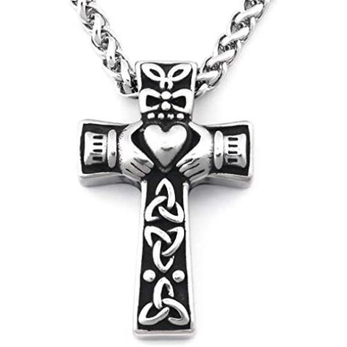 Warvik Irish Claddagh Celtic Knot Cross Pendant Necklace Good Luck Love Heart, Stainless Steel Jewelry Mens Womens Wheat Chain 20/28inch