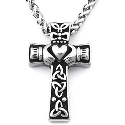 Warvik Irish Claddagh Celtic Knot Cross Pendant Necklace Good Luck Love Heart, Stainless Steel Jewelry Mens Womens Wheat Chain 20/28inch Warvik Irish Claddagh Celtic Knot Cross Pendant Necklace Good Luck Love Heart, Stainless Steel Jewelry Mens Womens Wheat Chain 20/28inch