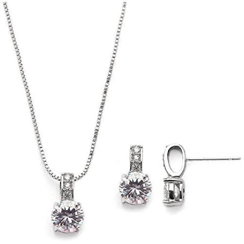 Mariell Delicate Round-Cut Cubic Zirconia Necklace Earrings Set for Brides, Bridesmaids or Everyday Wear