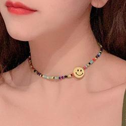 TseanYi Boho Rainbow Seed Bead Choker Necklace Short Colored Rice Beads Necklace Chain Smiley Face Collarbone Necklace Jewelry for Women and Girls