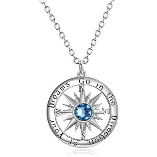AOBOCO Inspirational Sterling Silver Compass Necklace with Swarovski Birthstone Crystal for Men & Women, Go in the Direction of Your Dreams, Christmas Birthday Jewelry Gift
