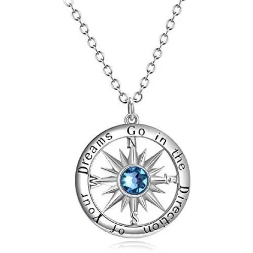 AOBOCO Inspirational Sterling Silver Compass Necklace with Swarovski Birthstone Crystal for Men & Women, Go in the Direction of Your Dreams, Christmas Birthday Jewelry Gift