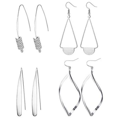 Hanpabum 4 Pairs Curved Threader Dangle Earrings for Women Girls Drop Hoop Bar Arrow Statement Earrings Set