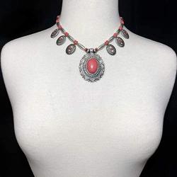 Gypsy Jewels 7 Natural Stone Flair Western Style Detailed Silver Tone Statement Necklace & Dangle Earrings Set