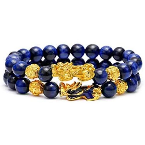 BOMAIL Feng Shui Good Luck Bracelets- Natural Tiger Eye Stone Healing Energy Pixiu Dragon Charm Beaded Bracelet Attach Wealth Money Jewelry