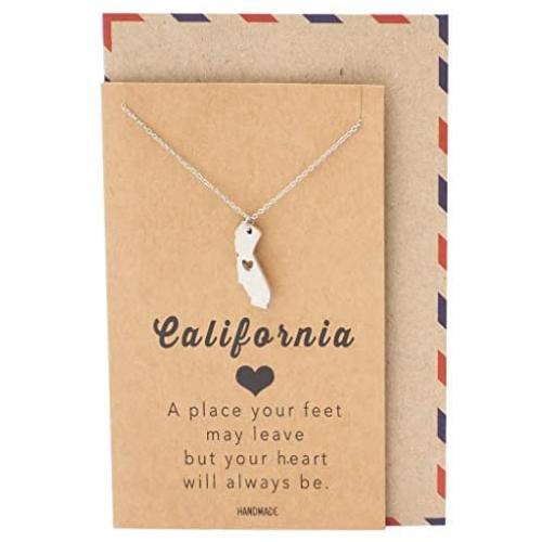 Quan Jewelry California State Necklace, Handmade California Map Pendant Charm, Inspirational Necklace with Greeting Card (Silver)
