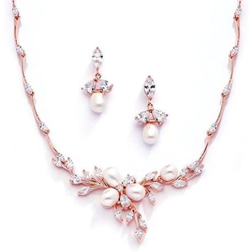 Mariell 14K Rose Gold Plated CZ Bridal Wedding Freshwater Pearl Necklace and Earrings Jewelry Set