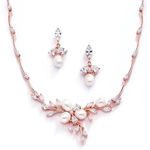 Mariell 14K Rose Gold Plated CZ Bridal Wedding Freshwater Pearl Necklace and Earrings Jewelry Set Mariell 14K Rose Gold Plated CZ Bridal Wedding Freshwater Pearl Necklace and Earrings Jewelry Set