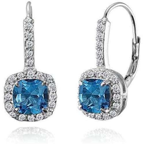 Sterling Silver London Blue & White Topaz Cushion-cut Leverback Earrings