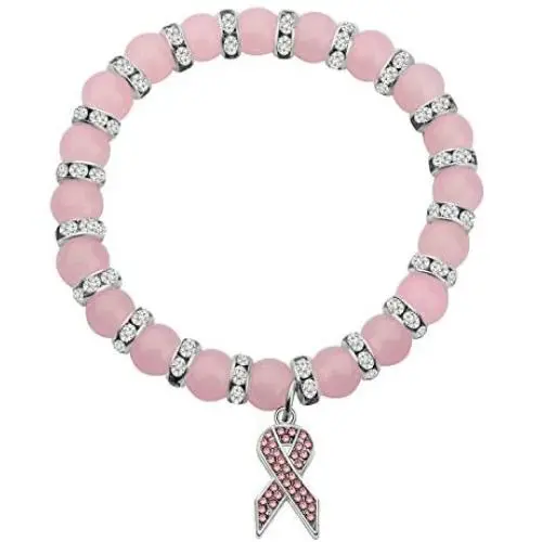 CENWA Breast Cancer Awareness Bracelet Pink Rhinestone Ribbon Charm Beads Bracelet Breast Cancer Support Gift