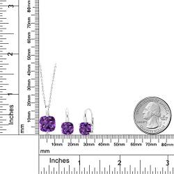 Gem Stone King 925 Sterling Silver Purple Amethyst Pendant Earrings Set For Women (7.20 Ct Cushion Cut with 18 Inch Silver Chain)