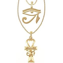 GWOOD Eye on Ankh with Eye of Horus Set Gold Color Pendants with 24 and 30 Inch Box Necklaces