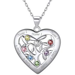 U7 Tree of Life Necklace, Customize Birthstone Jewelry for Women Men,Custom Name Family Branch Tree Pendant in Heart or Round Shape, Personalized 1-5 Names Necklace with Birth Stones,18'', Gift Packed