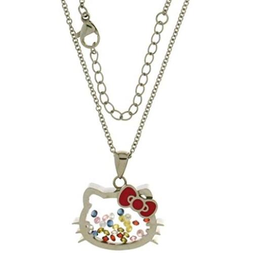 Disney Sanrio Hello Kitty Stainless Steel Floating Crystals Shaker Pendant w/ 18'' Chain Jewelry