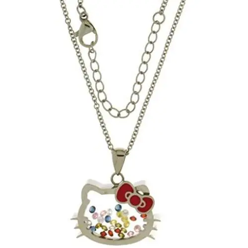 Disney Sanrio Hello Kitty Stainless Steel Floating Crystals Shaker Pendant w/ 18'' Chain Jewelry