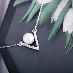 MOLAH V Shape 6.5-7mm Cultured Freshwater Pearl 925 Silver Rhodium Plated Simulated Diamond CZ Chevron Necklace
