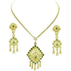 Siwalai Thai Traditional Gold Plated Light Peridot Color Crystals Necklace Earrings Jewelry Set 24 Inches