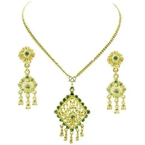 Siwalai Thai Traditional Gold Plated Light Peridot Color Crystals Necklace Earrings Jewelry Set 24 Inches Siwalai Thai Traditional Gold Plated Light Peridot Color Crystals Necklace Earrings Jewelry Set 24 Inches