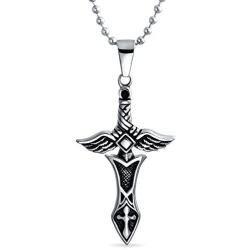 Biker Jewelry Royal Sword & Angel Wings Cross Pendant Necklace for Mens Teen Black Oxidized Silver Tone Stainless Steel