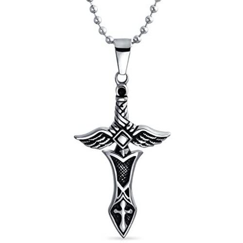Biker Jewelry Royal Sword & Angel Wings Cross Pendant Necklace for Mens Teen Black Oxidized Silver Tone Stainless Steel