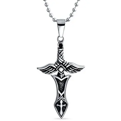 Biker Jewelry Royal Sword & Angel Wings Cross Pendant Necklace for Mens Teen Black Oxidized Silver Tone Stainless Steel