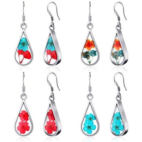 4 Pairs Handmade Epoxy Resin Dried Flower Dangle Drop Earrings Light Teardrop Earrings for Girls Women Christmas Valentines Day, 4 Styles